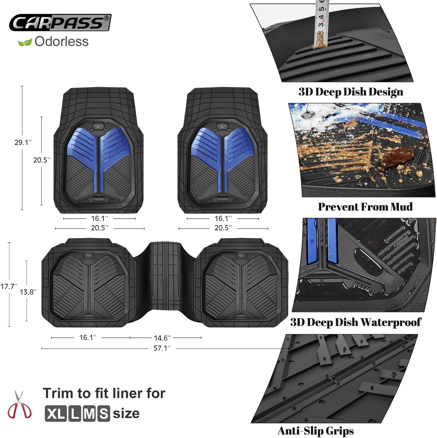 CAR PASS Heavy Duty Rubber Car Mats with Cargo Liner, Deep-Dish Car Floor Mats and Trunk Mat All Weather, Universal Trim-to-Fit for SUVs Trucks Sedans, Waterproof Anti-Slip, Trimmable V12 Black