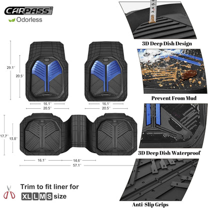 CAR PASS Heavy Duty Rubber Car Mats with Cargo Liner, Deep-Dish Car Floor Mats and Trunk Mat All Weather, Universal Trim-to-Fit for SUVs Trucks Sedans, Waterproof Anti-Slip, Trimmable V12 Black