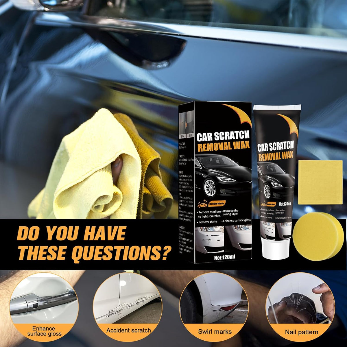 2Pcs Car Scratch Remover Wax, Professional Scratch Remover for Vehicles, Car Scratch Repair Paste for Deep Scratches with Wipe and Sponge,Universal Car Scratch Removal Wax for Deep Scratches Paste Kit