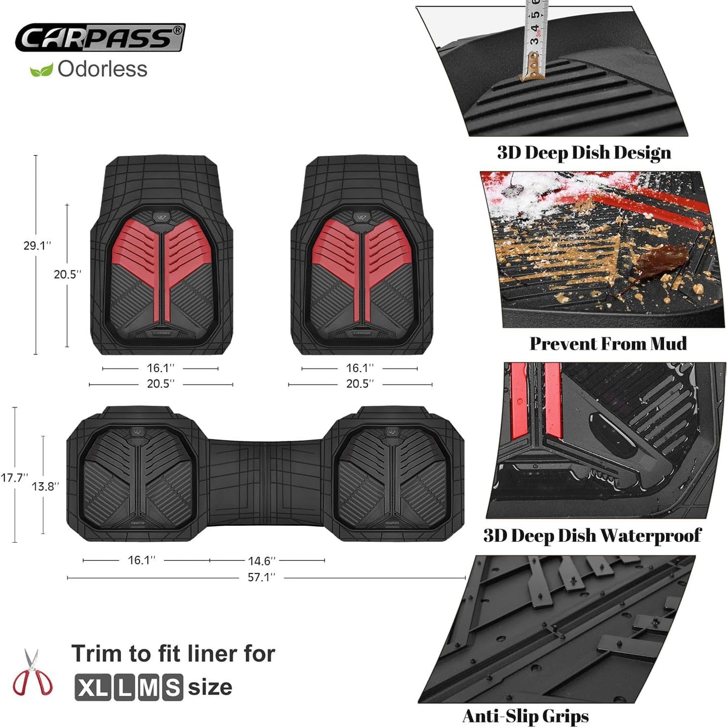 CAR PASS Heavy Duty Rubber Car Mats with Cargo Liner, Deep-Dish Car Floor Mats and Trunk Mat All Weather, Universal Trim-to-Fit for SUVs Trucks Sedans, Waterproof Anti-Slip, Trimmable V12 Black