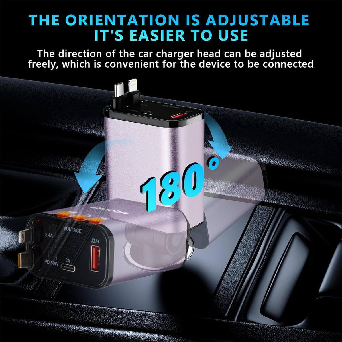 Retractable Car Charger,5 in 1 Fast Cars Phone Charger 60w,Bluetooth 5.3 FM Transmitter Adapter,Handsfree Call,MP3 Player,2 Retractable Cables and USB Chargers, for Phone,Galaxy,Pixel (Black)