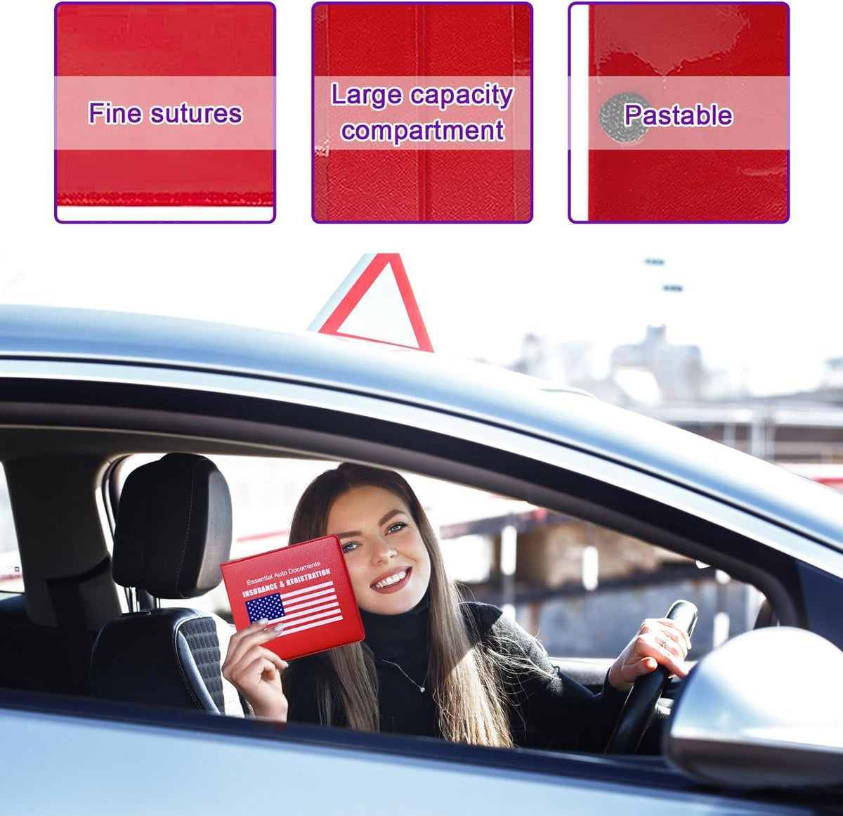 4 PCS Car Registration and Insurance Holder, Vehicle Glove Box Organizers with Closure for License Document, Auto Essential Paperwork Wallet Case Holder, Car Accessories (Black, Car Logo)