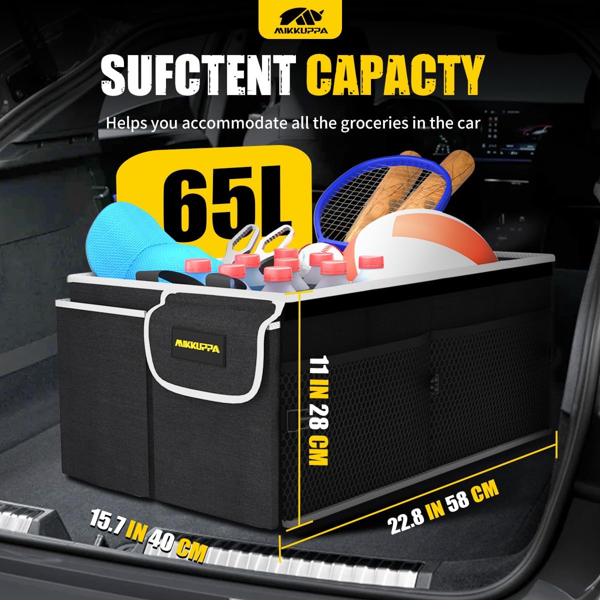 MIKKUPPA Car Trunk Organizer - 65L Collapsible Trunk Organizer with Lid, Sturdy Car Storage for SUV Auto Truck Van with Adjustable Straps and Non Slip Bottom (Black)