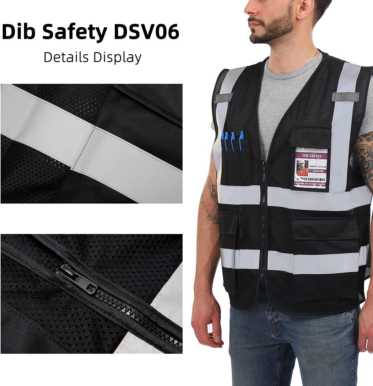 Dib Safety Reflective Safety Vest for Men Women, High Visibility Vest with Pockets and Zipper, ANSI Class 2