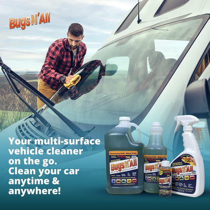Bugs N’ All Multipurpose Car Cleaner & Degreaser - Bug & Tar Remover Concentrate 4 oz - Exterior Cleaner Safe for Car Paint, Metal, Chrome, Aluminum, Windows & Mirrors - w/Free 32 oz Spray Bottle