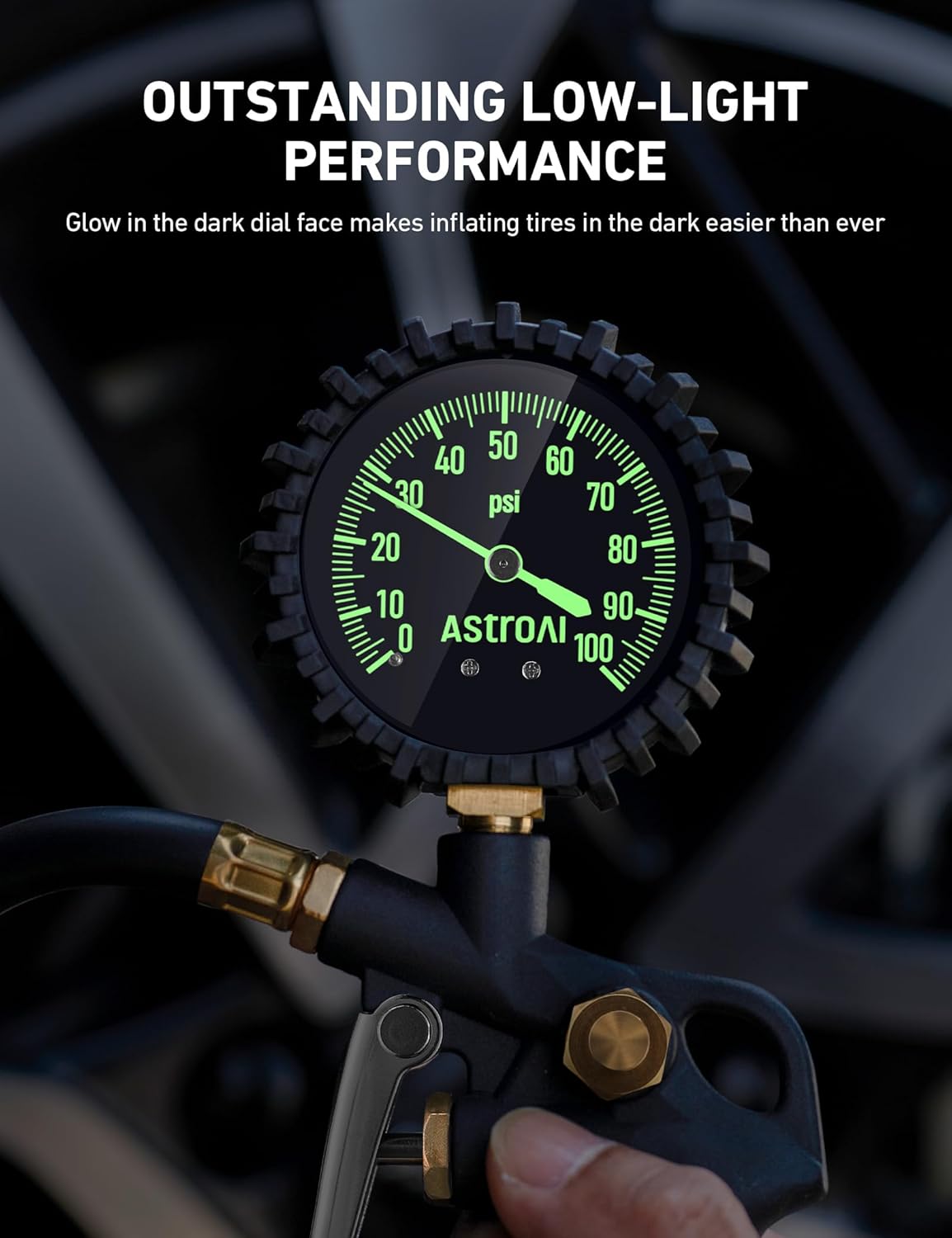 AstroAI Tire Pressure Gauge with Inflator, 100 PSI-ANSI B40.1 Accurate, Large 2.5" Easy Read Glow Dial, Heavy Duty Air Chuck and Compressor Accessories with Rubber Hose and Quick Connect Coupler