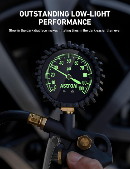AstroAI Tire Pressure Gauge with Inflator, 100 PSI-ANSI B40.1 Accurate, Large 2.5" Easy Read Glow Dial, Heavy Duty Air Chuck and Compressor Accessories with Rubber Hose and Quick Connect Coupler