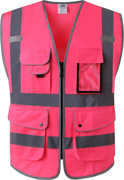 JKSafety 9 Pockets Class 2 High Visibility Zipper Front Safety Vest With Reflective Strips,Meets ANSI/ISEA Standard (Large, 150-Yellow) - Colors B