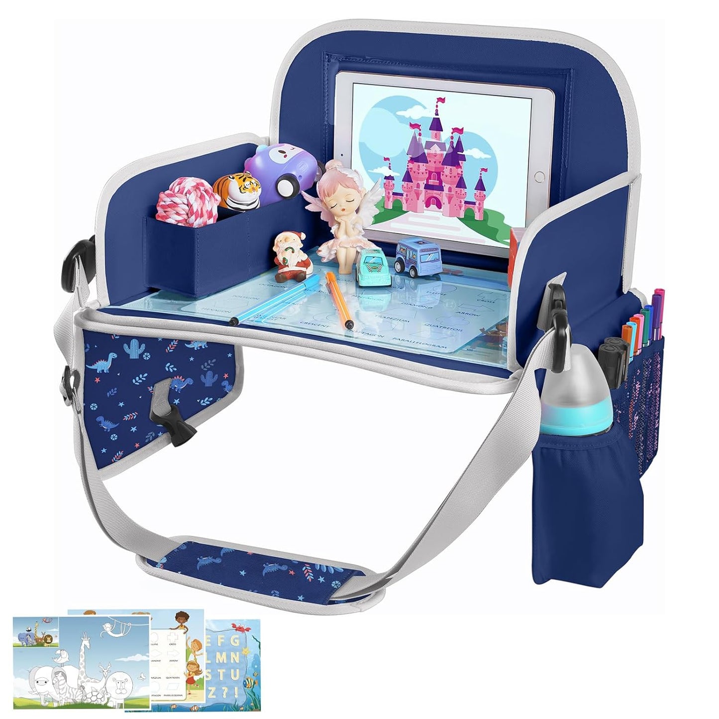 MENZOKE Kids Travel Tray for Toddler Car Seat, Road Trip Activities for Kids with iPad Holder Stand & Dry Erase Board, Road Trip Essentials Accessories Lap Tray as Travel Gifts for Kid, Pink
