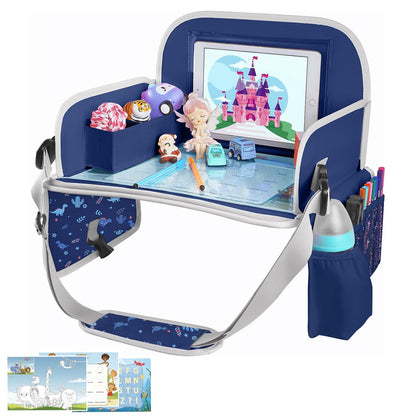 MENZOKE Kids Travel Tray for Toddler Car Seat, Road Trip Activities for Kids with iPad Holder Stand & Dry Erase Board, Road Trip Essentials Accessories Lap Tray as Travel Gifts for Kid, Pink