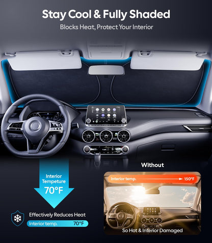 Wigoo Tesla New Model Y Accessories Windshield Sunshade [OEM Design, 100% Sun Blockage] Foldable Heat Insulation Sunshade with Storage Bag, for Model Y 2020~2026 (Juniper), Silver Coating - Colors B