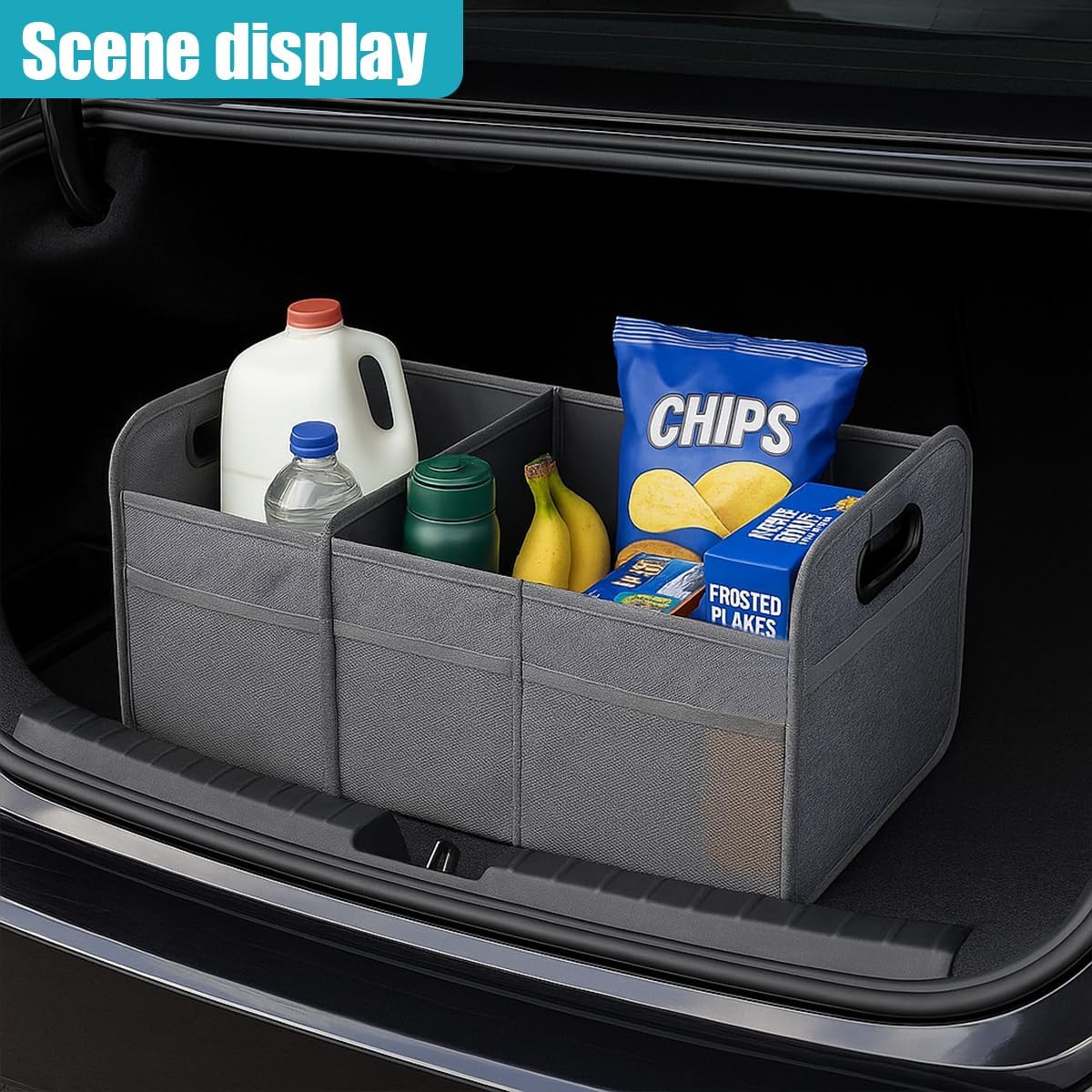 Car Trunk Organizer, Collapsible Multi-Compartment Auto Storage Box with 4 Pockets, Waterproof Oxford Fabric Car Trunk Container Accessories for Sedan SUV Truck (Black)