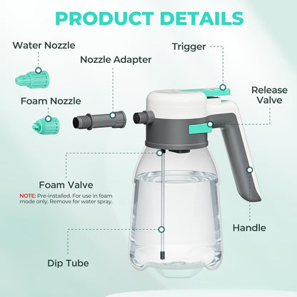 HAUSHOF 61 fl oz Electric Foam Sprayer, USB Rechargeable with 11 fl oz Car Wash Liquid, Cordless Automatic Pressurized Foam Sprayer for Car Washing, Auto Detailing, Home & Garden