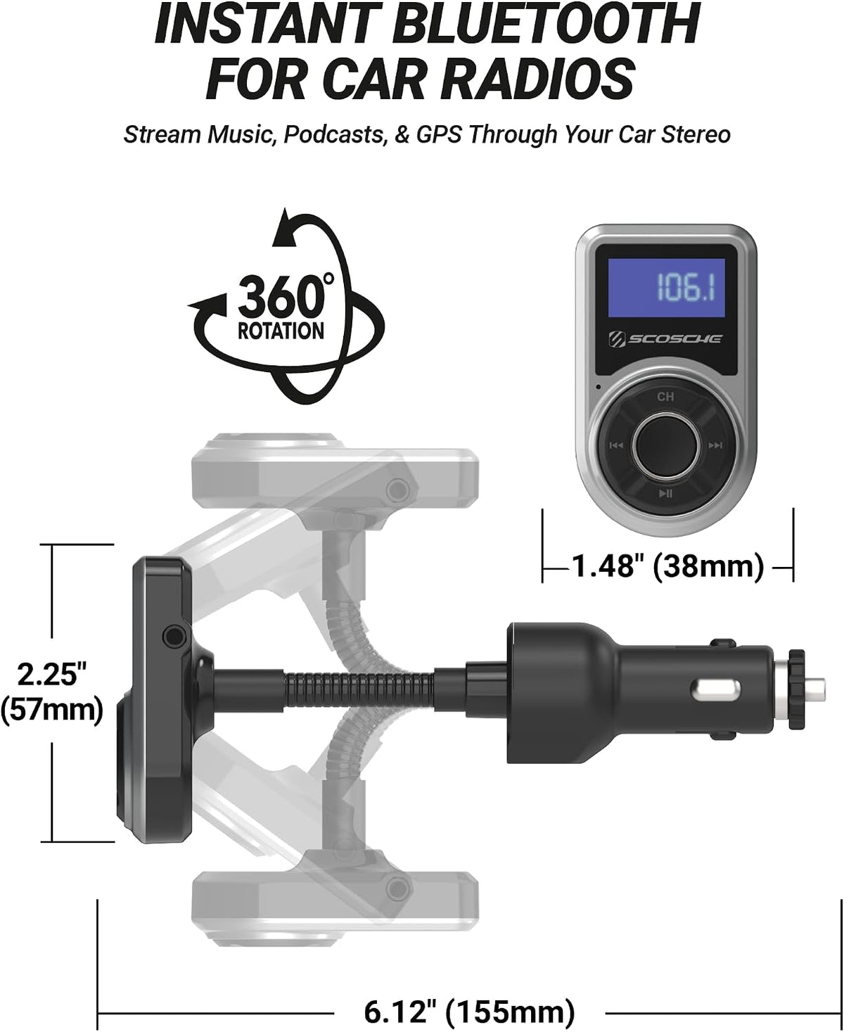 Scosche BTFM9 FM Bluetooth Transmitter Car, Dual 12W USB-C and USB-A Charging Ports, Fast Type C Car Charger, Wireless Radio Bluetooth Adapter, Hands-Free Kit for Calls, Siri and Google Assistant