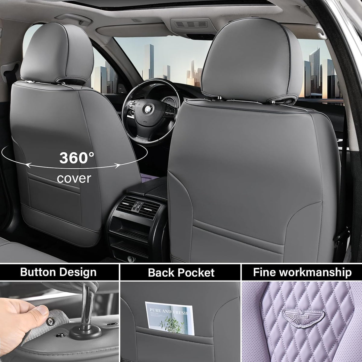 Coverado Seat Covers, Car Seat Covers Full Set, Black Car Seat Cover, Car Seat Covers Front Seats Back Seat Cover, Waterproof Car Seat Cushion, Leather Seat Covers Seat Protector Fit for Most Cars