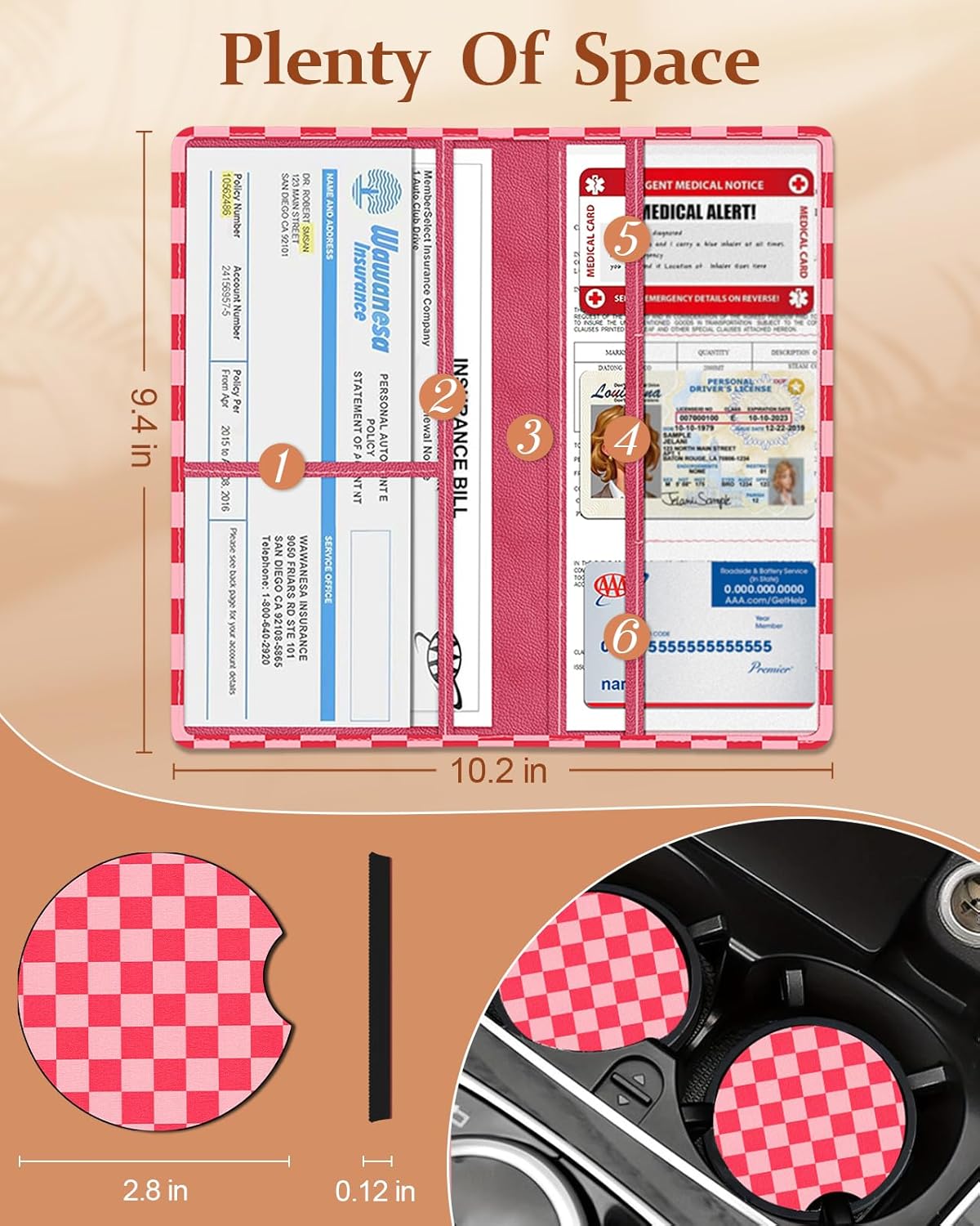 Slohif Car Registration and Insurance Card Holder with Magnetic Shut - Vehicle Glove Box Organizer Women Leather Automobile License Holders Coasters Auto Accessories Case for Document,Strawberry