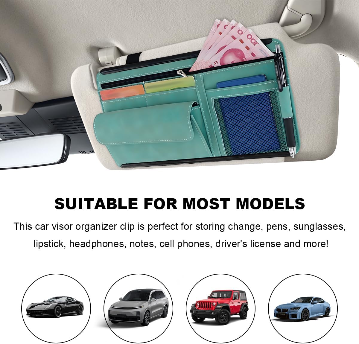 Car Sun Visor Organizer, Leather Sun Visor Pocket Organizer Case with Multi-Pocket Net Zipper, Suede Note Holder Car Visor Storage Pouch for Card Pen Sunglasses Document (Gray)