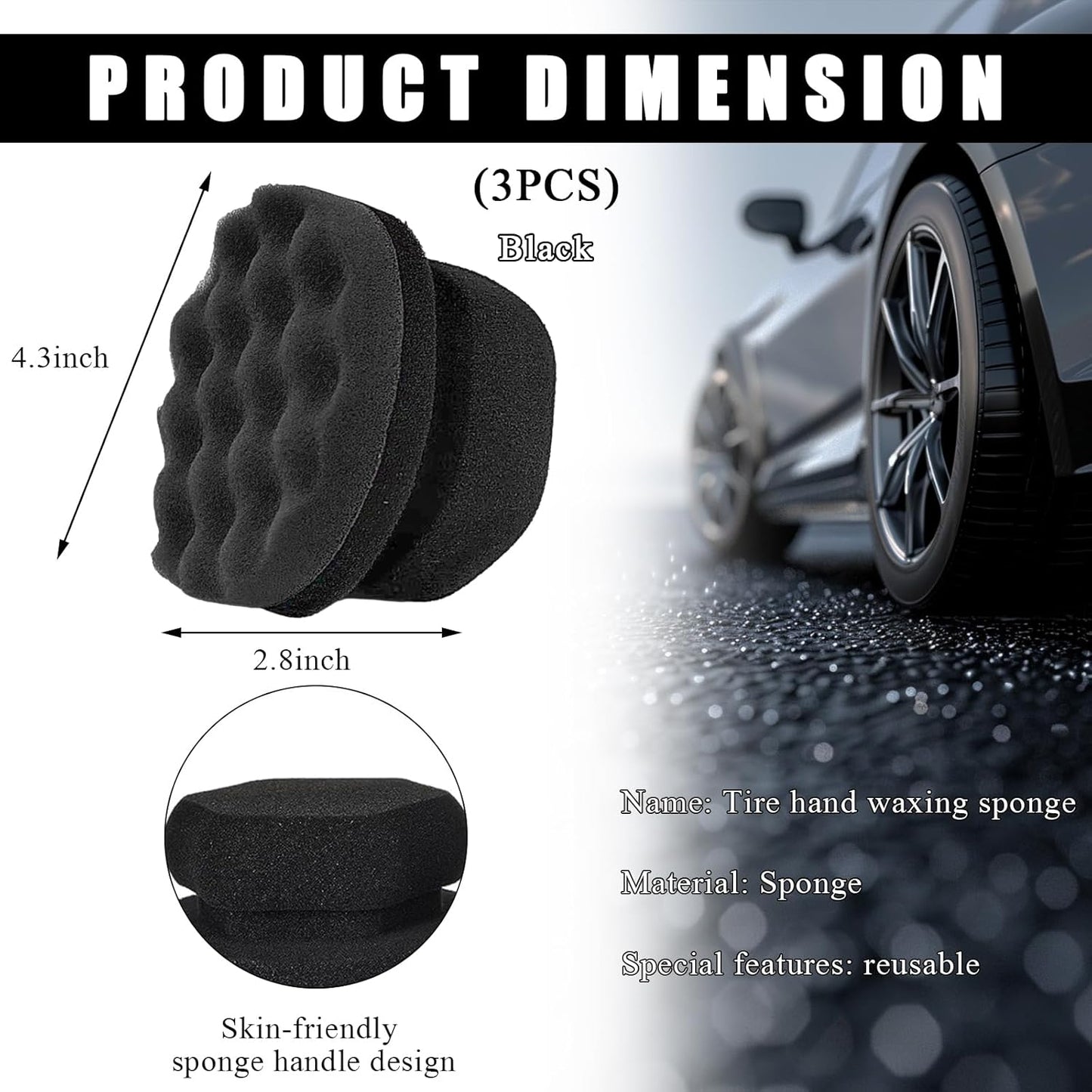 KVAEY 2 PCS Tire Dressing Applicator Pads, Reusable Hex Grip Tire Shine Applicator Polishing Sponge Pads, Wheel Tire Shine Detailing Foam for Most Vehicles, Car Accessories (Black, 3.15")