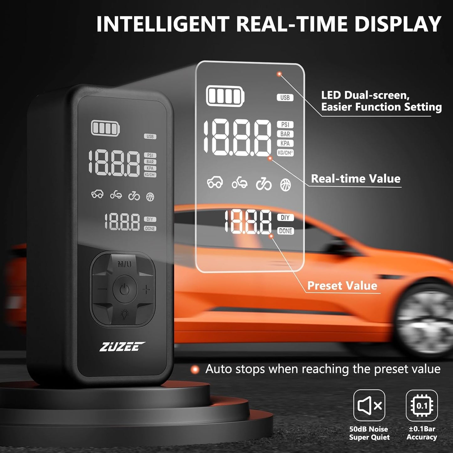 ZUZEE Tire Inflator Portable Air Compressor - 4X Faster Inflation, 150PSI Air Pump for Car Tires with Digital Pressure Gauge/LED Light, Portable Tire Inflator for Car, Moto, Bike, Ball, etc