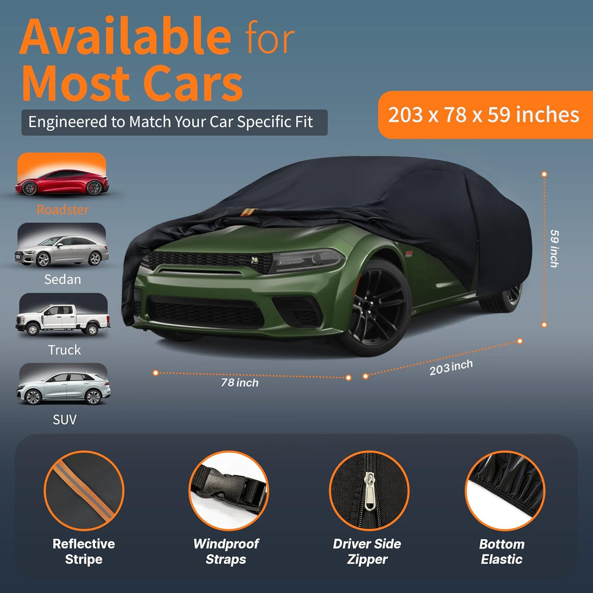 Car Cover Waterproof All-Weather,Outdoor Full Exterior Car Covers for Automobiles Coupe (Length 194-203 inch) with Windshield Sun Shade Universal Fit Dodge Charger,Malibu, Model S,MKZ etc
