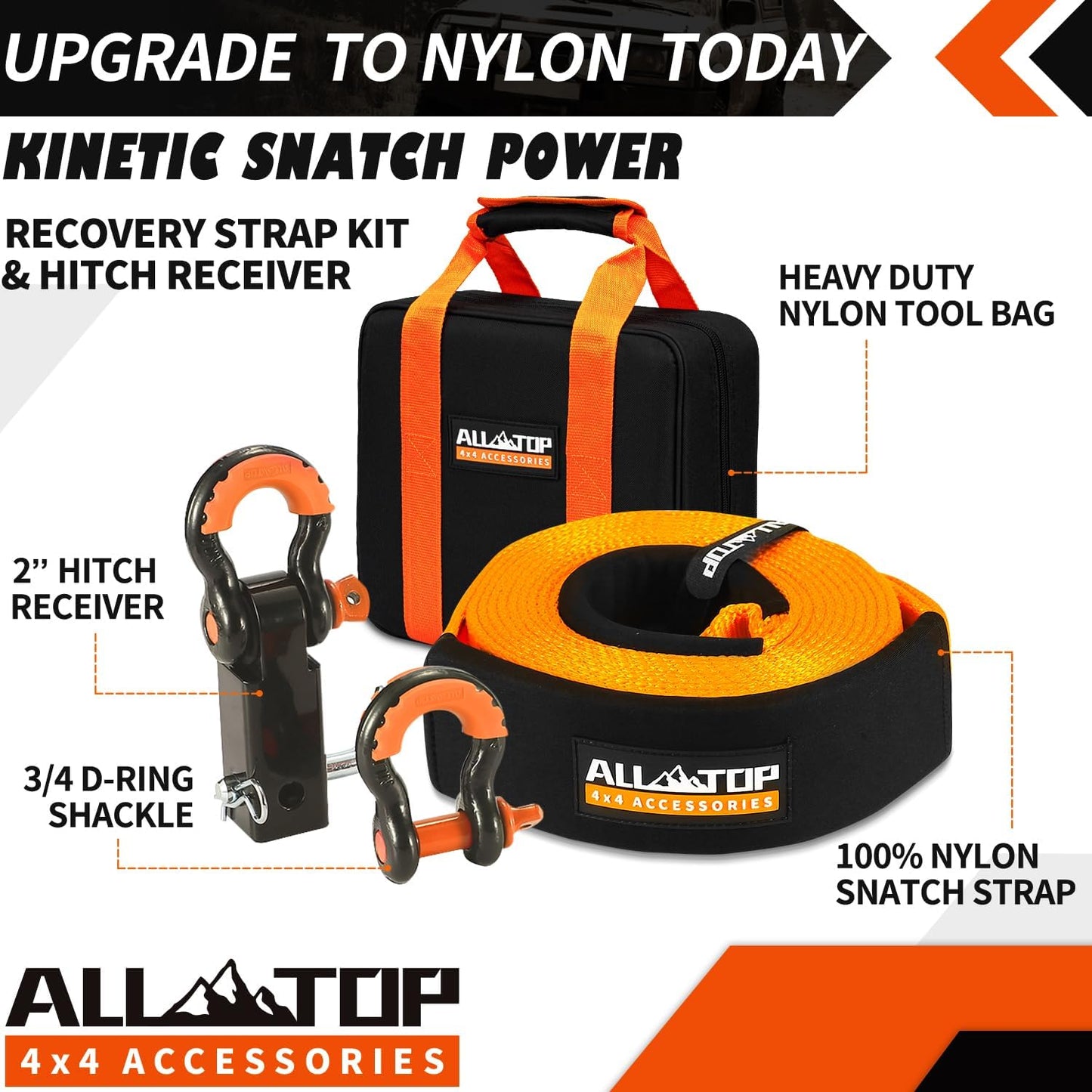 ALL-TOP Heavy Duty Tow Strap Recovery Kit: 3 inch x 20ft (35,000lbs) 100% Nylon and 22% Elongation Snatch Strap + 3/4 Heavy Duty D Ring Shackles (2pcs) + Storage Bag