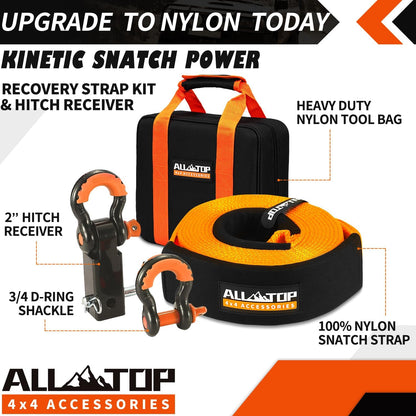 ALL-TOP Heavy Duty Tow Strap Recovery Kit: 3 inch x 20ft (35,000lbs) 100% Nylon and 22% Elongation Snatch Strap + 3/4 Heavy Duty D Ring Shackles (2pcs) + Storage Bag