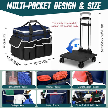 Large Rolling Cleaning Caddy Bag with Detachable Trolley, Full Support Plates for Professional Cleaning Supplies Bag, Organizer Bag with 4 Universal Wheels for Housekeepers, Car Wash