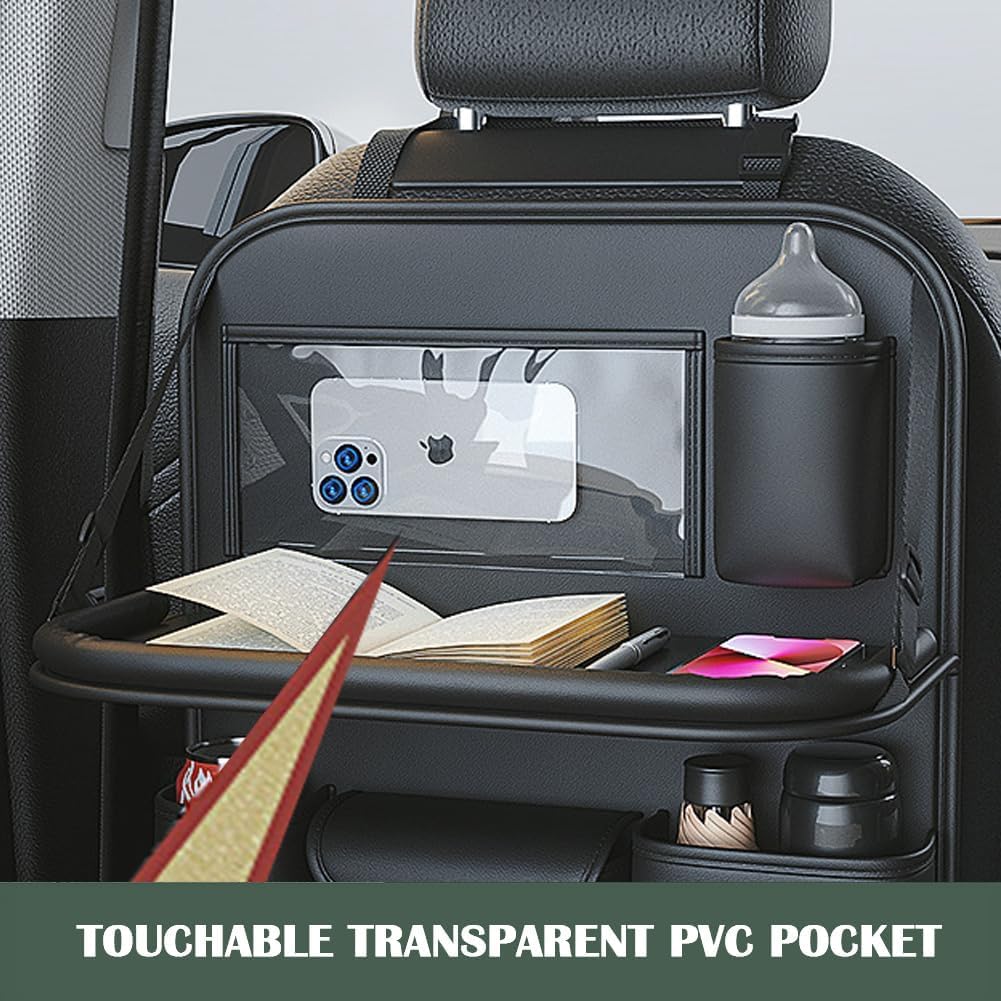 2 Pack Leather Car Backseat Organizer with Foldable Table Tray, Universal Car Seat Back Protector Kick Mat with Touchscreen Tablet Holder, Storage Pockets, Cup Holders & Tissue Holder, Black