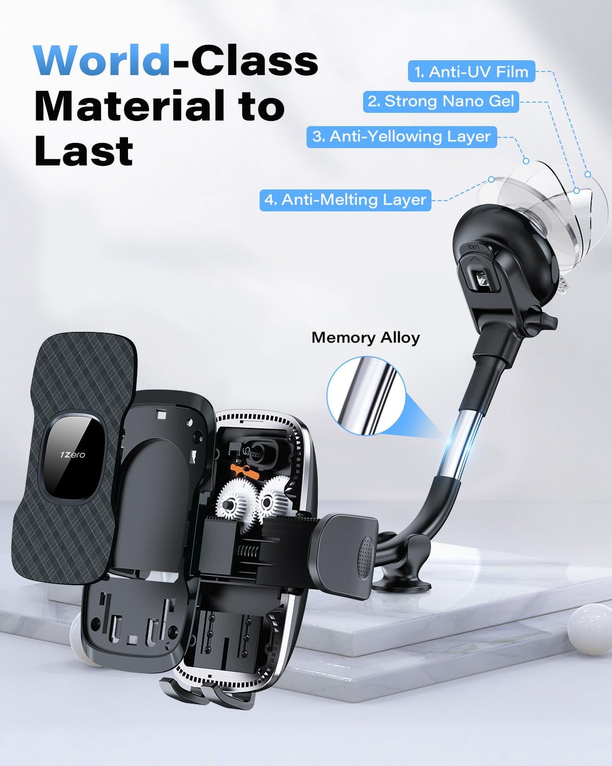 1Zero Solid Car Truck Phone Mount Holder with 14-Inch Gooseneck Long Arm, Windshield Window Mobile Holders w/Industrial-Strength Suction Cup, Anti-Shake Stabilizer Compatible All Cell Phones iPhone