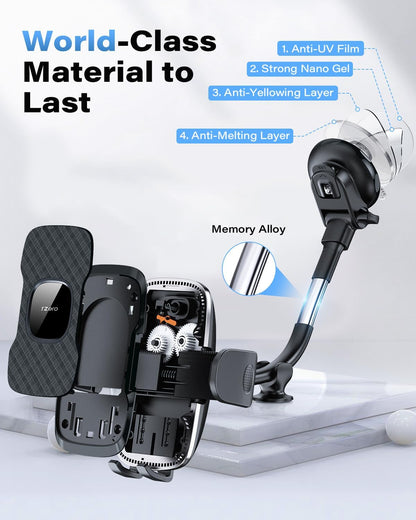 1Zero Solid Car Truck Phone Mount Holder with 14-Inch Gooseneck Long Arm, Windshield Window Mobile Holders w/Industrial-Strength Suction Cup, Anti-Shake Stabilizer Compatible All Cell Phones iPhone
