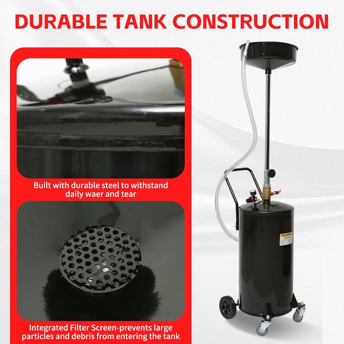 MaxWorks 50964 9-Gallon Portable Waste Oil Drain, Industrial Fluid Drain Square Tank with Wheels and Adjustable Funnel Height. Red.