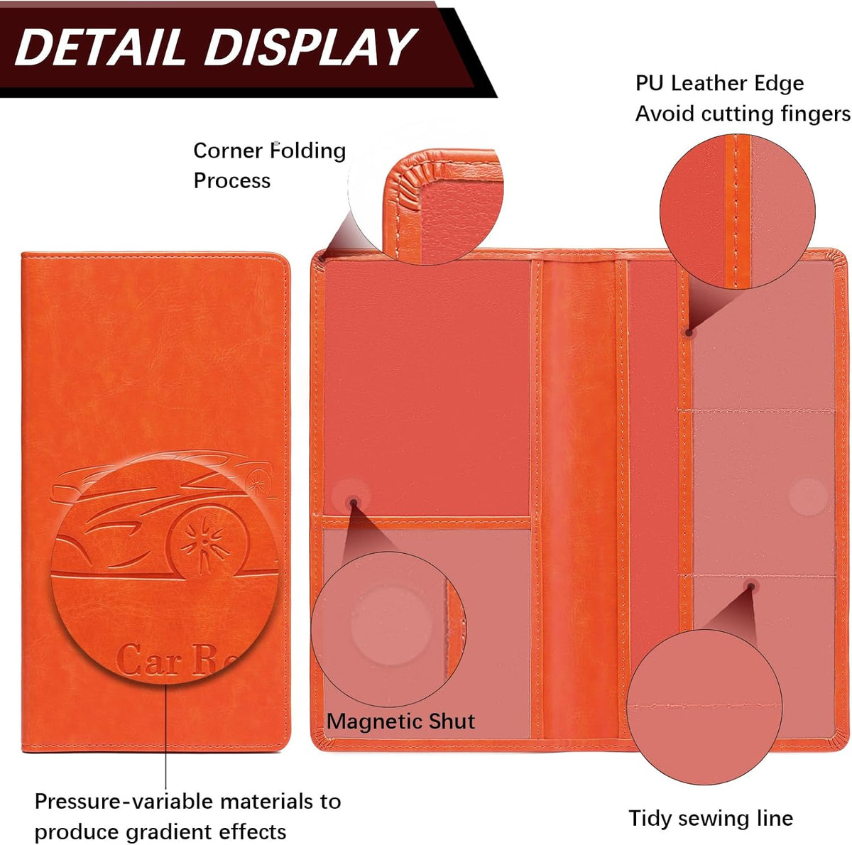 Car Registration and Insurance Card Holder for Women Men, Orange Glove Box Paperwork Organizer with Magnetic Buckle for Easy Access and Protect Documents and Various Cards in Vehicle