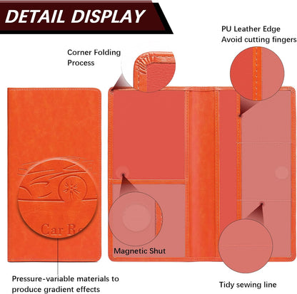 Car Registration and Insurance Card Holder for Women Men, Orange Glove Box Paperwork Organizer with Magnetic Buckle for Easy Access and Protect Documents and Various Cards in Vehicle