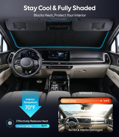 Wigoo Tesla New Model Y Accessories Windshield Sunshade [OEM Design, 100% Sun Blockage] Foldable Heat Insulation Sunshade with Storage Bag, for Model Y 2020~2026 (Juniper), Silver Coating - Colors B