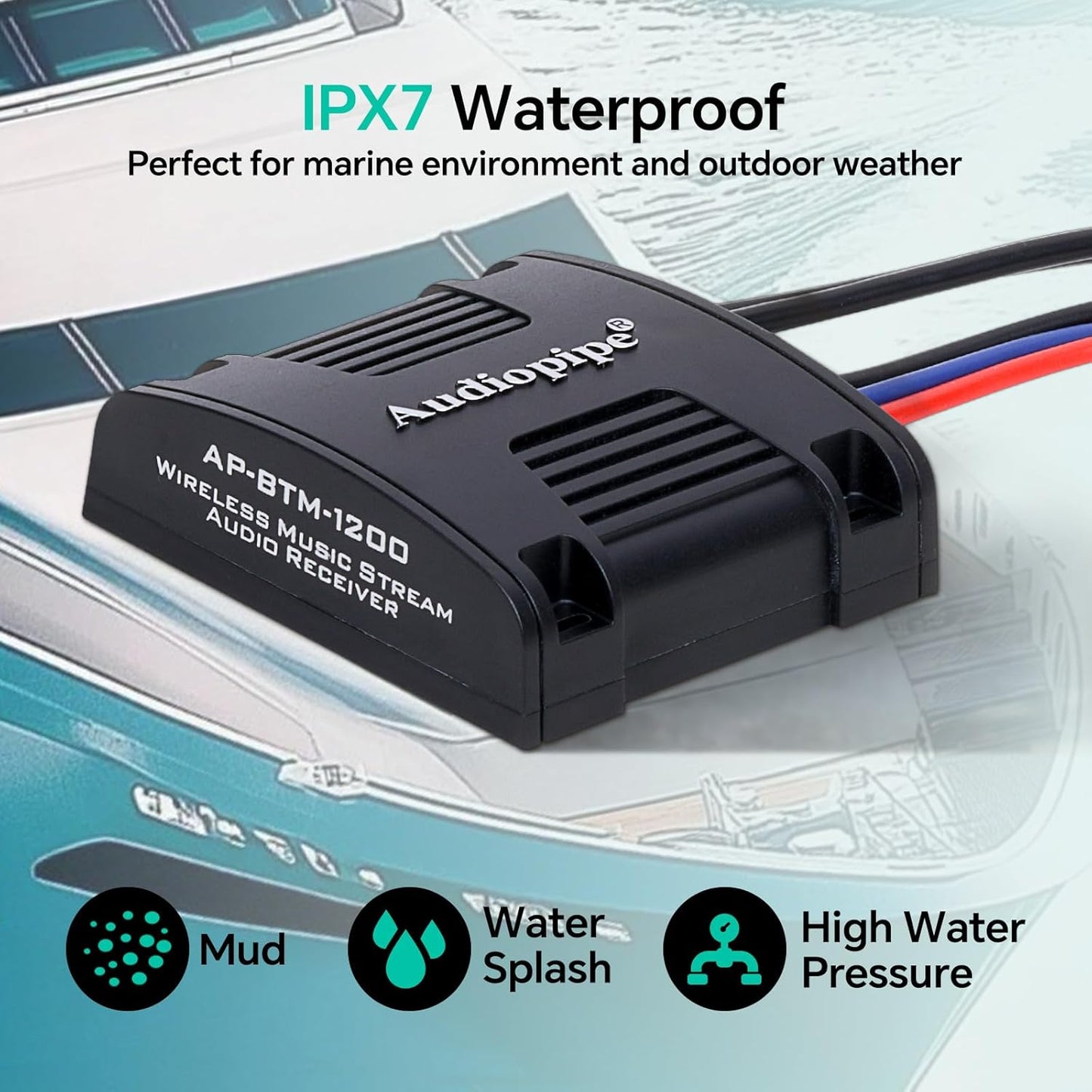 Audiopipe Marine Wireless Music Stream Audio Receiver (AP-BTM-1200), Blutooth 5.0 Adaptor, RCA Stereo Outputs, Perfect for Marine, ATV, UTV, Golf Car, Home Music