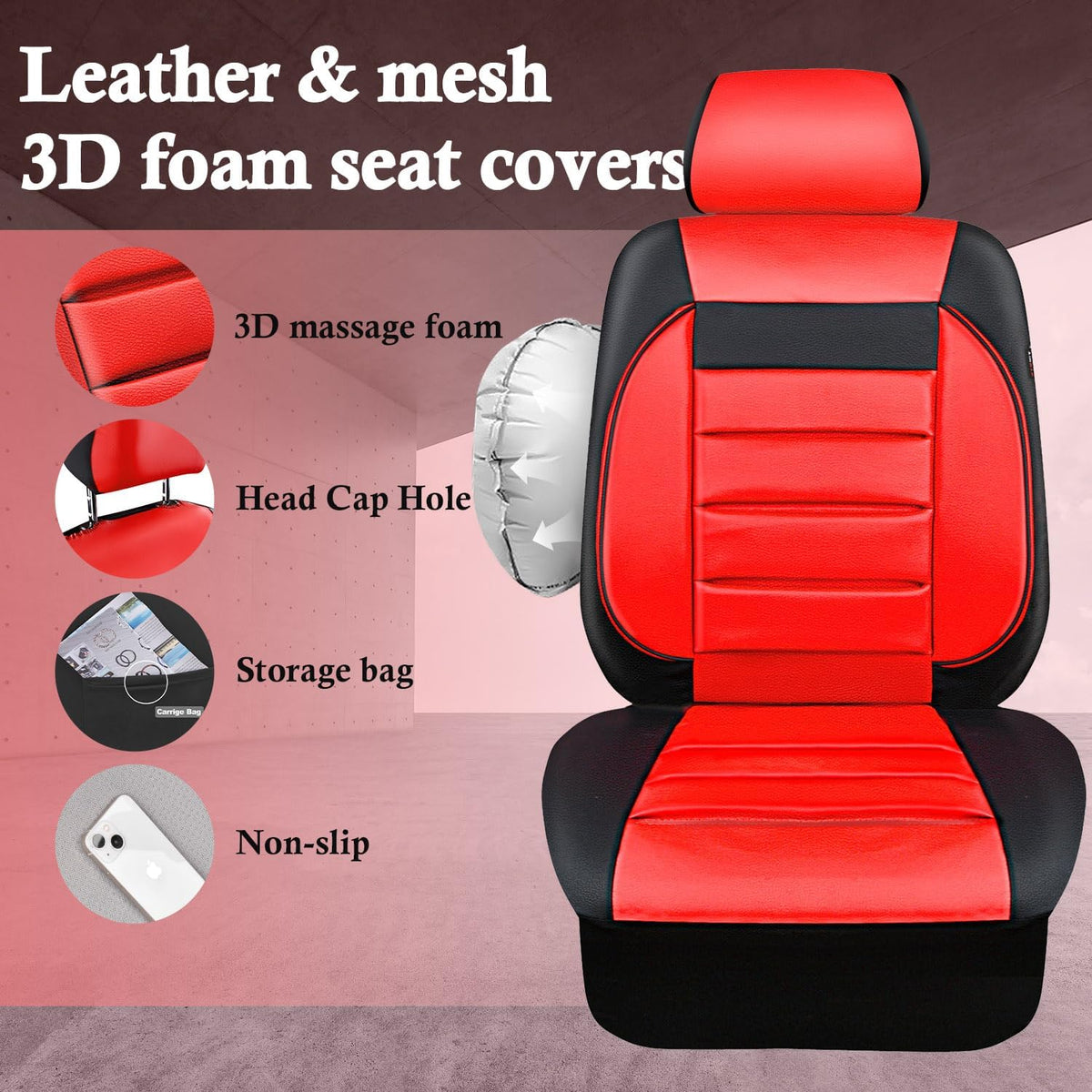 CAR PASS Faux Leather Car Seat Covers Front Seats Only, 3D Foam Support Car Seat Covers, Universal fit for Trucks Vans SUVs Sedans Automotive Comfortable, Airbag Compatible 2 Pieces Front Solid Black