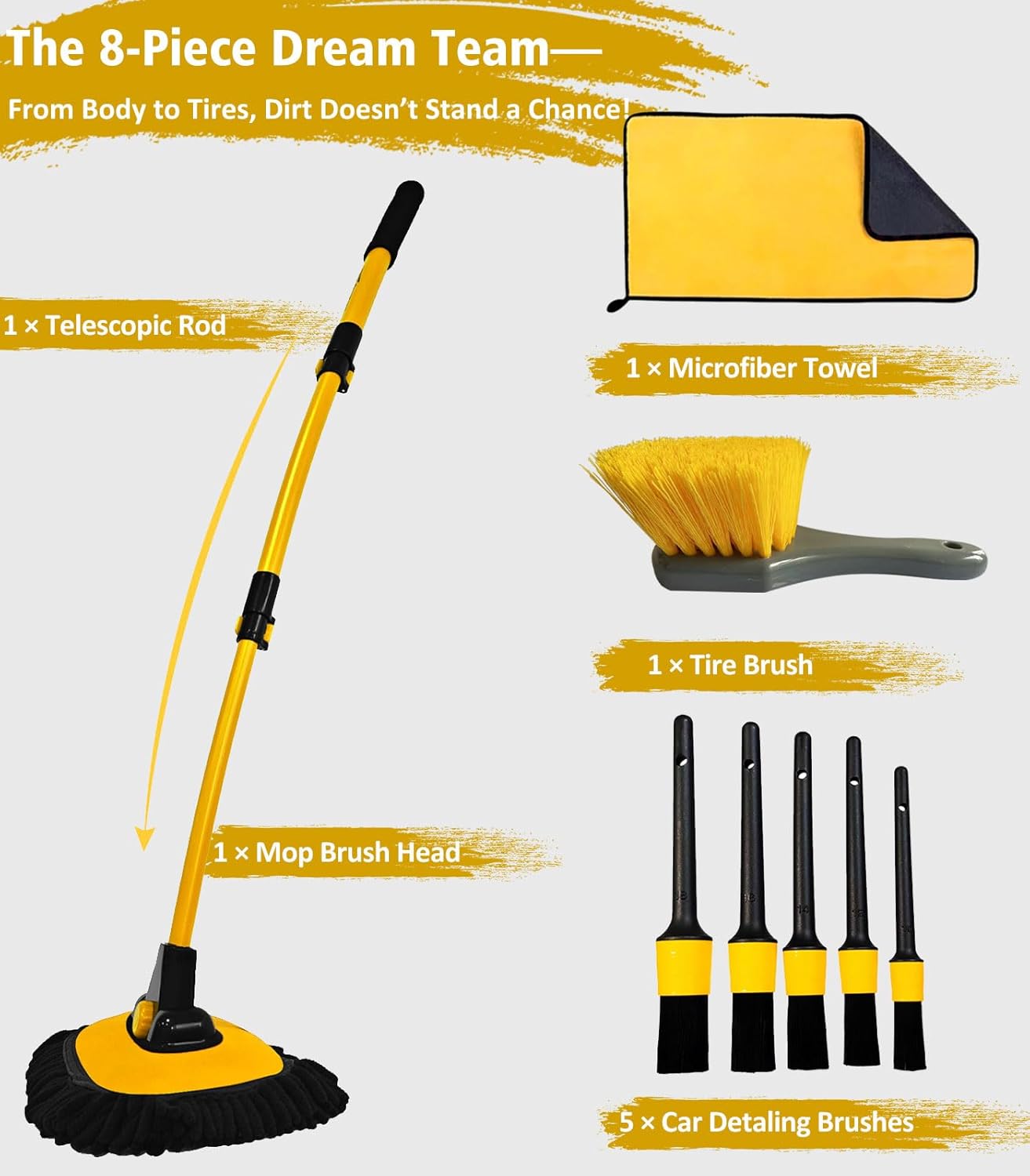 YeewayVeh Car Wash Brush with Long Handle, Microfiber Car Wash Mop with Replaceable Chenille Brush Head, Soft Cleaning Brush with 15° Curved Extension Pole Car Wash Kit for RV Truck Camper, Yellow