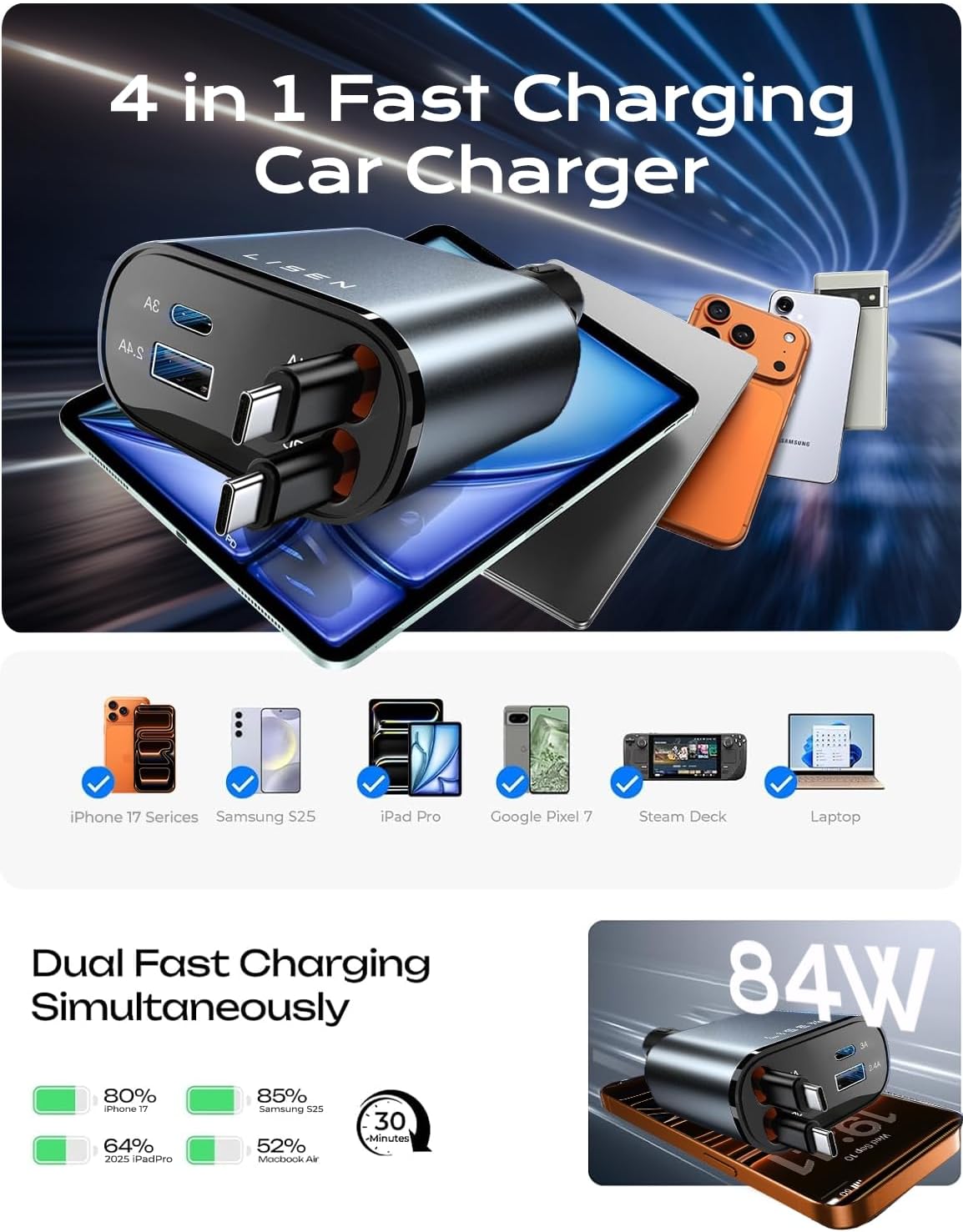 LISEN Retractable Car Charger, 84W Car Charger USB C Fast Charger, Cigarette Lighter USB Charger Adapter, Car Accessories Birthday Gifts for Men Women Dad Mom Husband, for iPhone 17 16 15 14 13 12 11