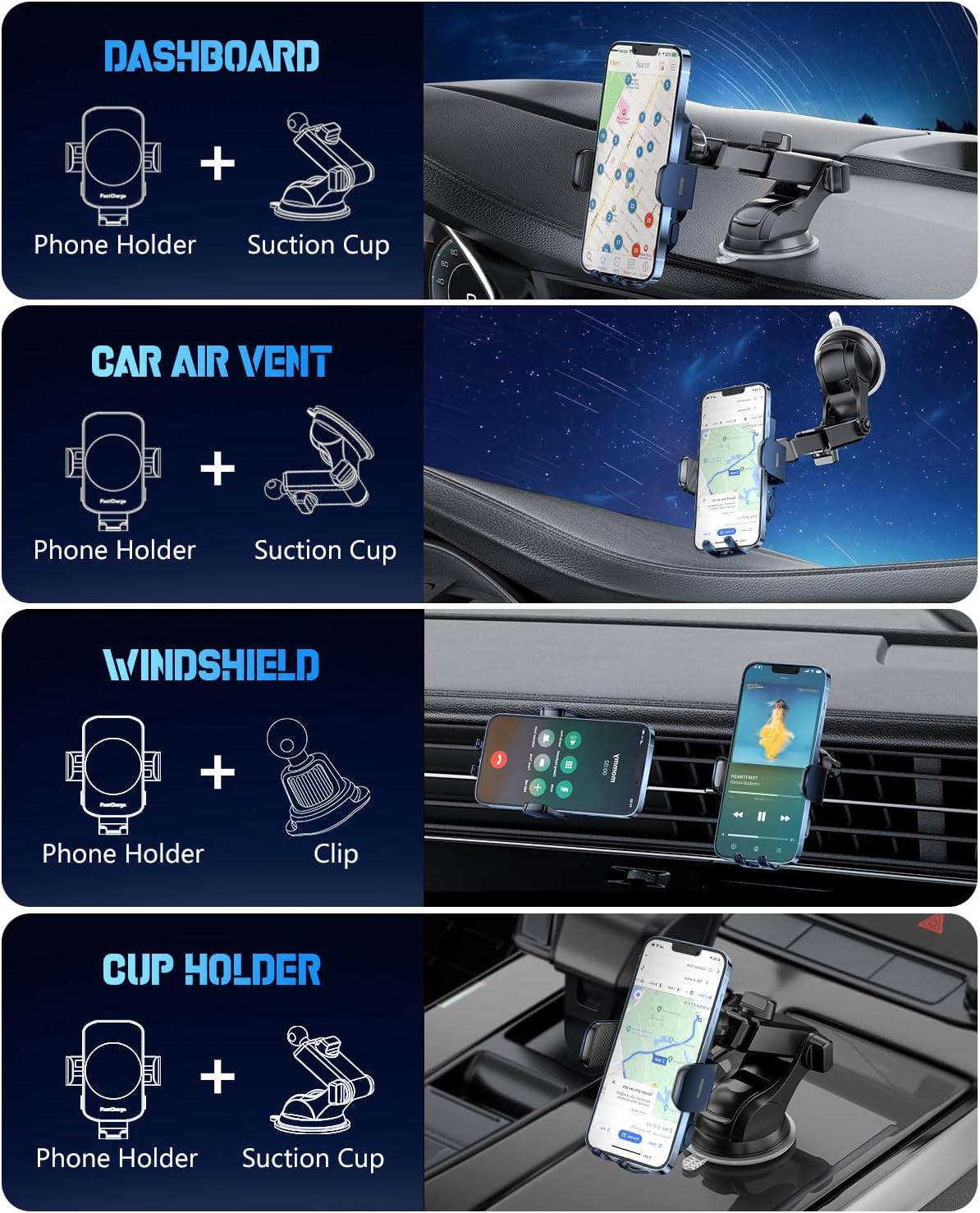3-in-1 Wireless Car Charger Mount, 15W Fast Charging Auto-Clamping Phone Holder for iPhone 17 16 15 14, Samsung Galaxy S24 S23, Dashboard, Vent & Windshield Car Mount(Black)