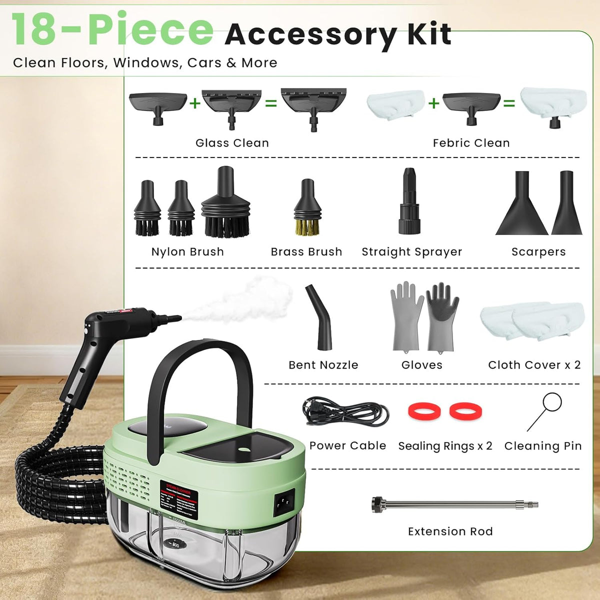 Handheld Steam Cleaner for Home, 2500W High Pressure Steam Cleaner for Car Detailing, 3 Steam Levels, 1600Ml Tank, High Heat Steamer for Bed Bugs, Couch, Furniture, Kitchen, Bathroom, Floors