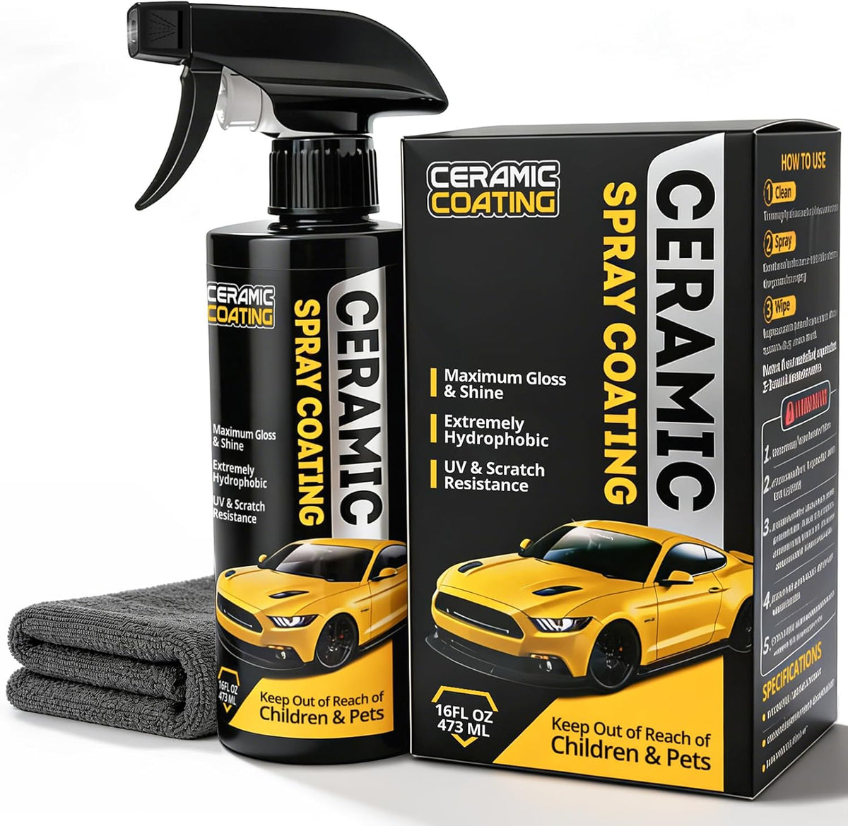Extremely Hydrophobic Ceramic Coating, Multi-Use Ceramic Spray Coating for Vehicle, Boat, RV & Motorcycle, Adds High Gloss, Car Detailing Spray 16 oz