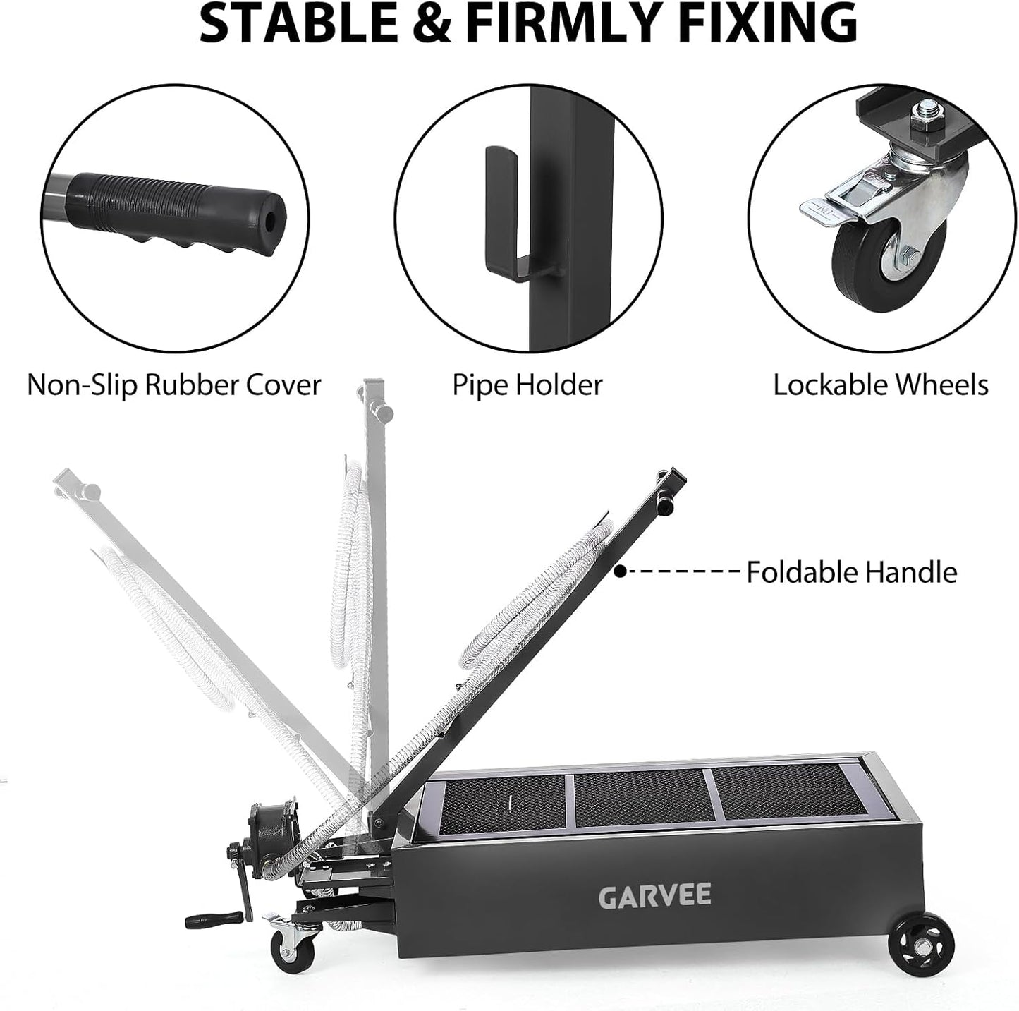 Garvee 20 gal Oil Drain Pan Oil Drain Tank, 76 L Low Profile Oil Drain Pan, Large Capacity Oil Change Pan with Manual Pump & T Foldable Hand and Wheels, 8 ft Hose Oil Drain Cart for Car, SUV, Trucks