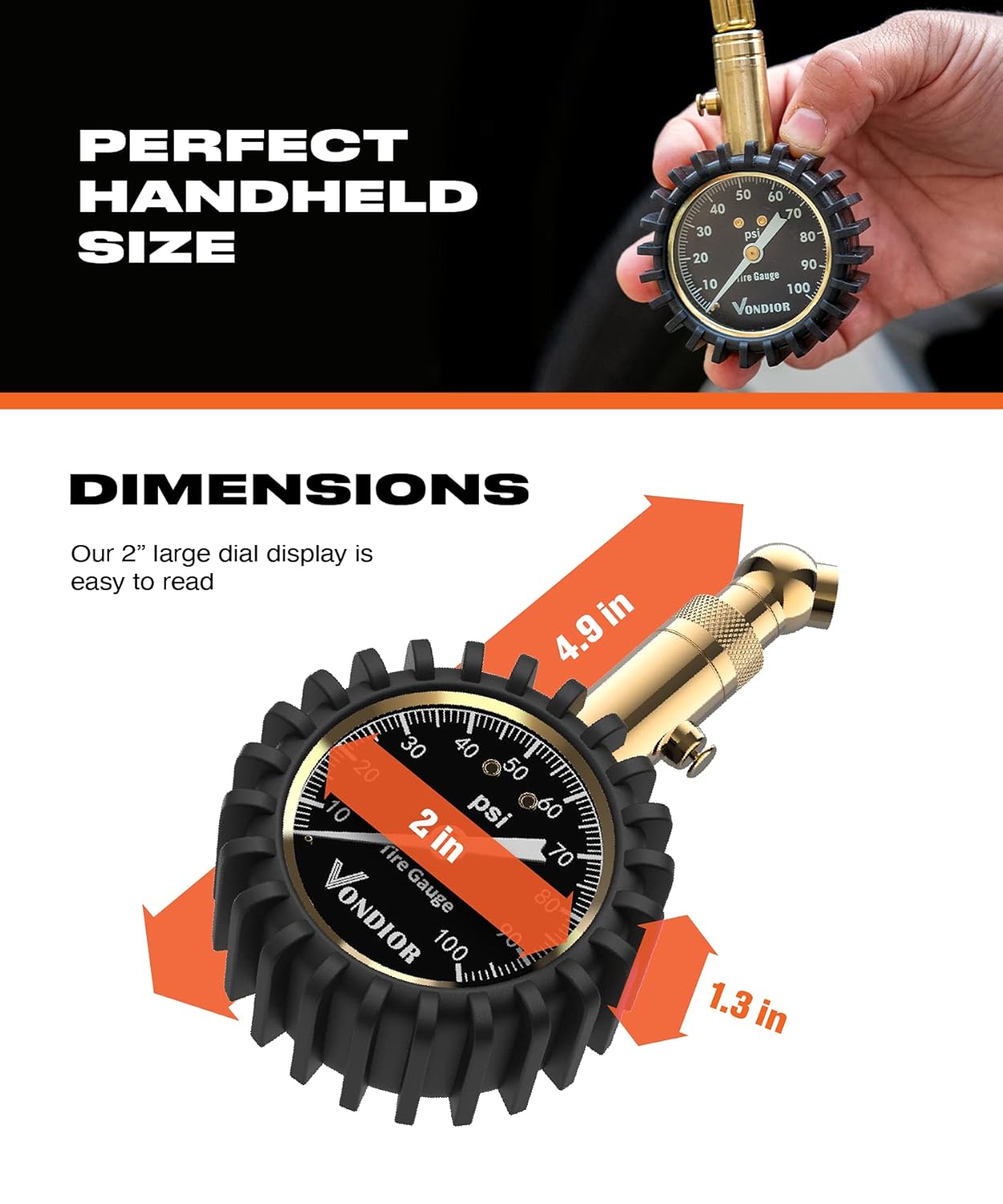 Tire Pressure Gauge - (0-60 PSI) Heavy Duty, Certified ANSI Accurate with Large 2 Inch Easy to Read Glow Dial, Low - High Air Pressure Gauge. Tire Gauge for Car and Trucks Tires by Vondior