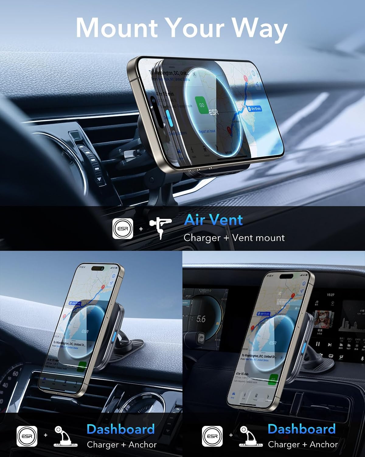 ESR for MagSafe Car Mount Charger,15W Magnetic Wireless Car Charger, for MagSafe Car Charging, Air Vent Dashboard Phone Holder Mount for iPhone Air 17 Pro Max 16 15 14 13 12, Galaxy S26, Fast Charging