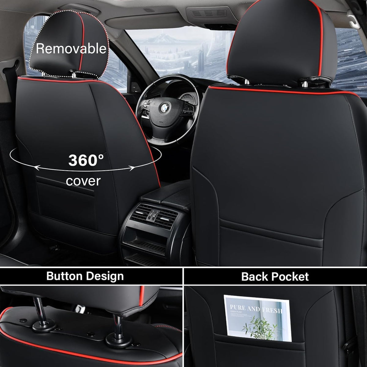 Coverado Seat Covers Full Set, Black Seat Covers for Cars 5 Seats, Car Seat Protector, Waterproof Nappa Leather Car Seat Cushion, Front and Rear Car Seat Cover Fit for Most Sedans SUV Pick-up Truck - Colors A