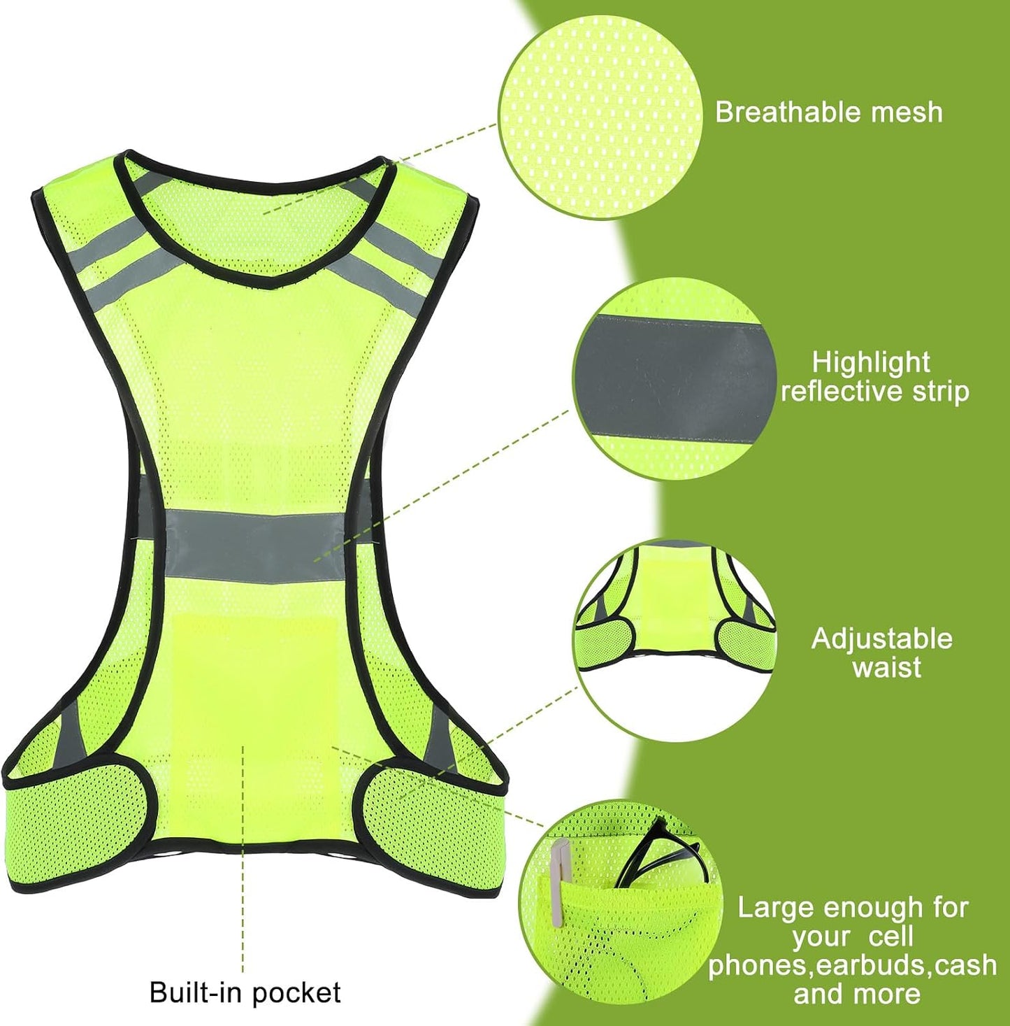 Ptwola Reflective Running Vest High Visibility Running Gear with Large Pocket Night Lightweight Reflective Safety Vest