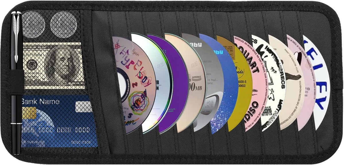 CD Visor Holder for Car, Large Capacity CD & DVD Visor Case, Vehicle Visor Storage Organizer with 12 Disc Sleeves, 1 Mesh Pocket 1 Pen Holder and & Elastic Band (Black)