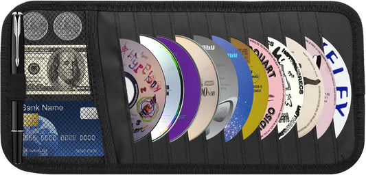 CD Visor Holder for Car, Large Capacity CD & DVD Visor Case, Vehicle Visor Storage Organizer with 12 Disc Sleeves, 1 Mesh Pocket 1 Pen Holder and & Elastic Band (Black)