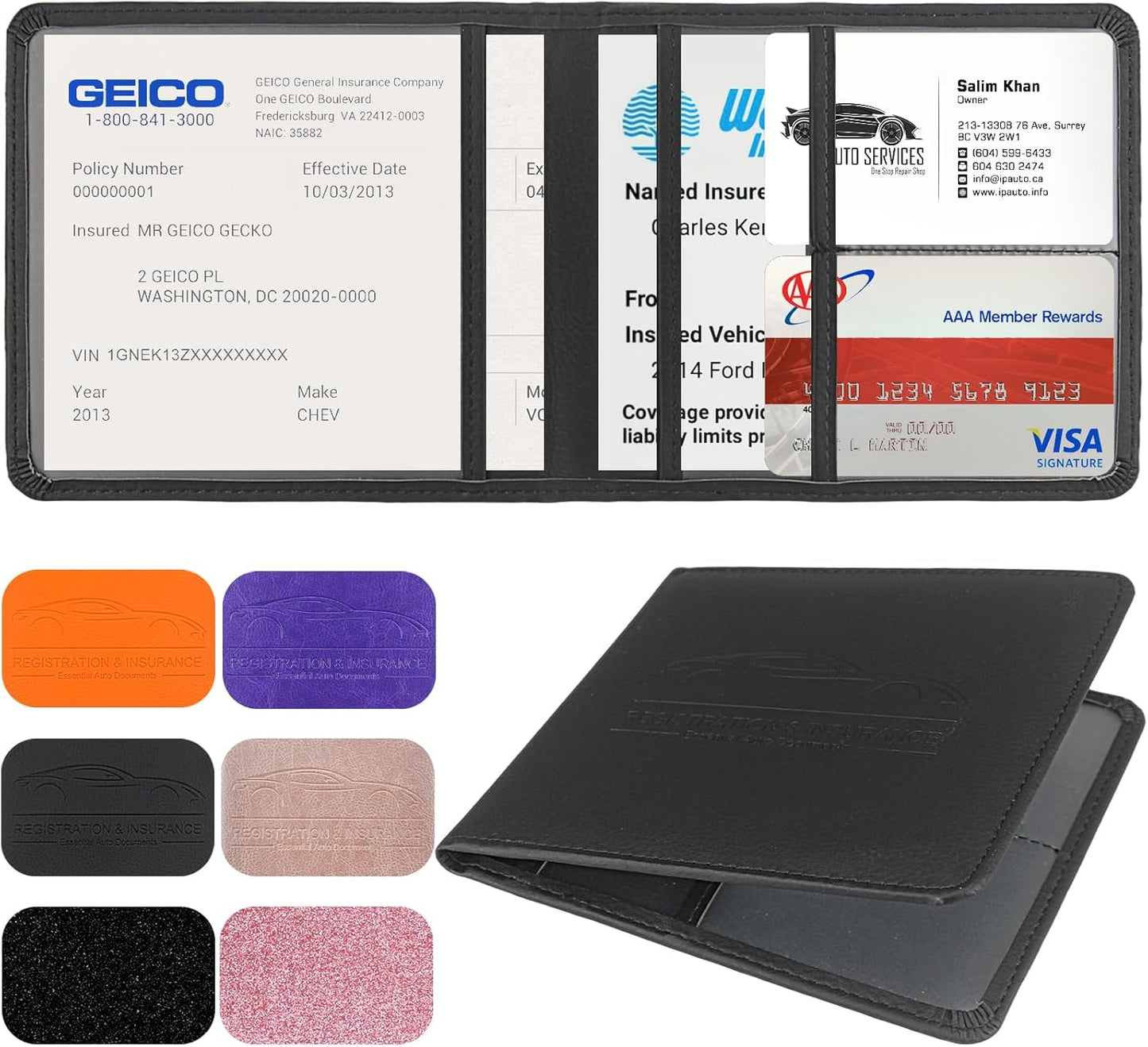 LumiMokki Car Registration and Insurance Holder, Leather Registration and Insurance Card Holder, Vehicle Glove Box Organizer - For Documents, Cards, License (Black)