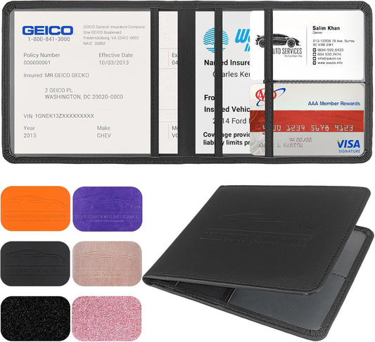 LumiMokki Car Registration and Insurance Holder, Leather Registration and Insurance Card Holder, Vehicle Glove Box Organizer - For Documents, Cards, License (Black)